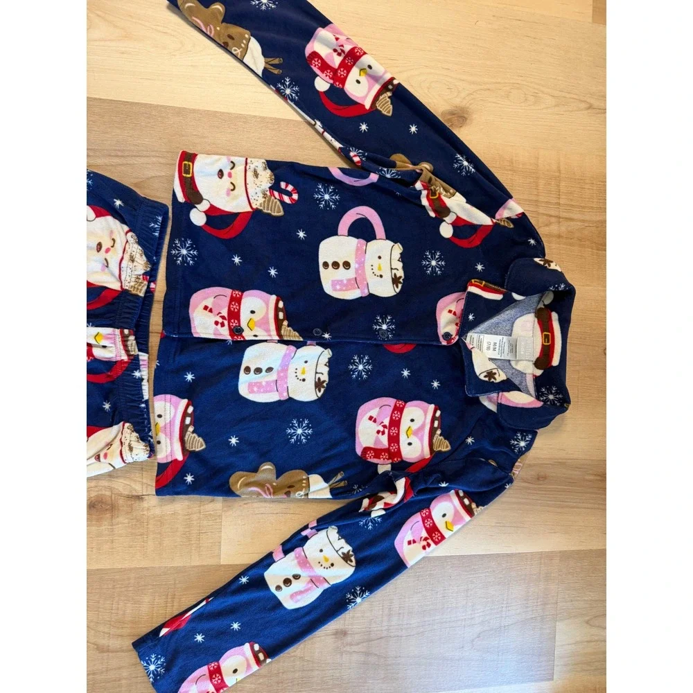 Jellifish Kids Holiday Pajamas Set Navy Blue Santa Snowman Fleece Size M 7/8